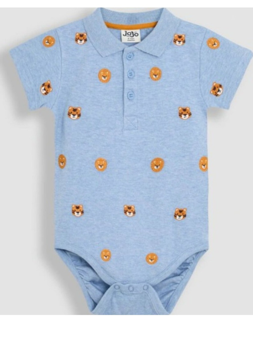 JOJO Maman Bebe Blue Lion Tiger Embroidered polo Shirt Bodysuit. 3-6mo